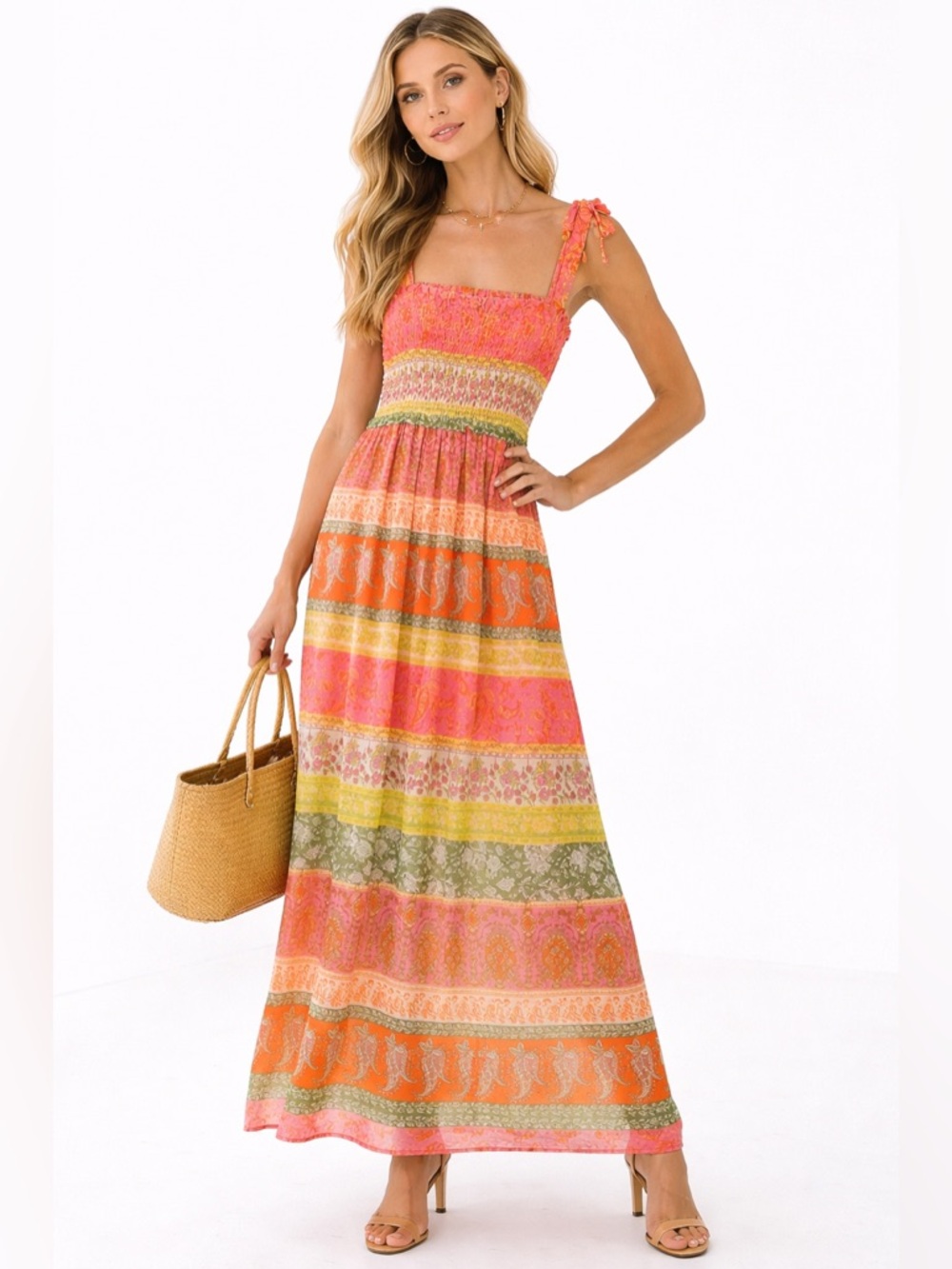 Maison Tara Floral Maxi Dress Smocked Bodice Pink Orange Boho Resortwear 12